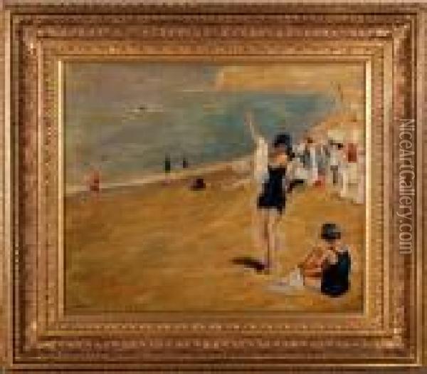 An Early 20th Century Beach Scene With Bathers Andspectators Oil Painting - Paul-Gustave Fischer