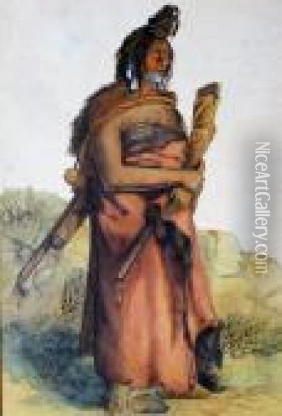 Bodmer, 'standing Nativeamerican', Watercolor T1cp9 Oil Painting - Karl Bodmer