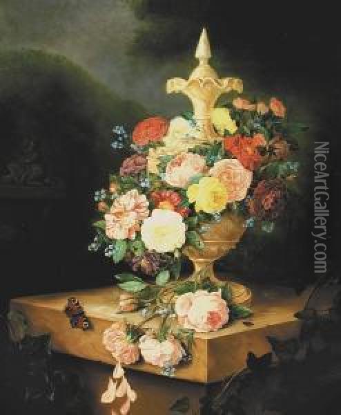 A Still Life With Roses, Carnations, Forget-me-nots And Other Flowers On A Ledge With A Butterfly And Other Insects Oil Painting - Adriana Van Ravenswaay