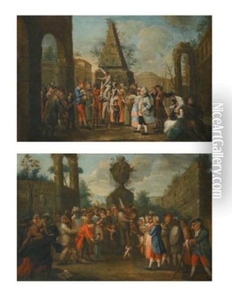 A Street Scene With Commedia Dell'arte Performers And Musicians Gathered Around Two Puppets, An Obelisk Beyond; A Street Scene With Commedia Dell'arte Performers Gathered Around A Monkey, An Urn Beyond (pair) Oil Painting - Marco Marcola