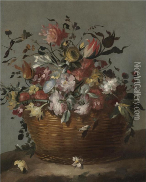 A Still Life With Tulips, Carnations, Iris And Other Flowers In Asculpted Vase, Together With Pigeons And A Pomegranate Oil Painting - Master Of The Acquavella Still Life