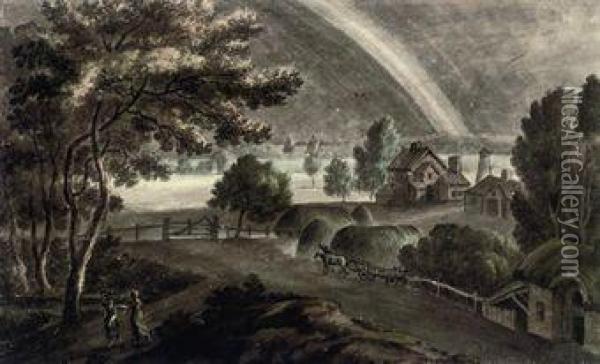 Figures And A Hay Cart At A Farm, A Rainbow In The Distancebeyond Oil Painting - Robert Adam