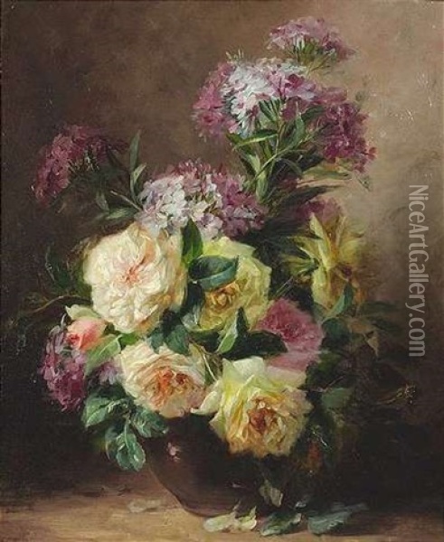 Blumenstilleben Mit Rosen Und Hortensien In Einer Tonvase Oil Painting - Louis Letsch