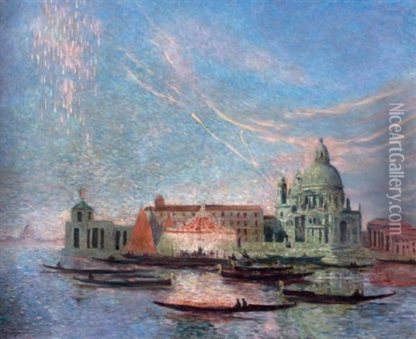 Feu D'artifice Et Manege A La Dogana, Venise Oil Painting - Ferdinand du Puigaudeau