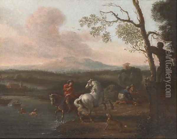 A riverside landscape with bathers and a horseman; and Figures at halt before a military encampment Oil Painting - Pieter van Bloemen