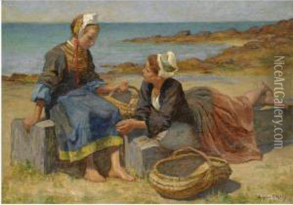 Breton Girls On A Beach Oil Painting - Aloysius C. O'Kelly