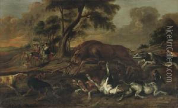 Hounds Attacking A Deer In A Hilly Landscape, A Hunters Couple On Horseback Nearby Oil Painting - Paul de Vos