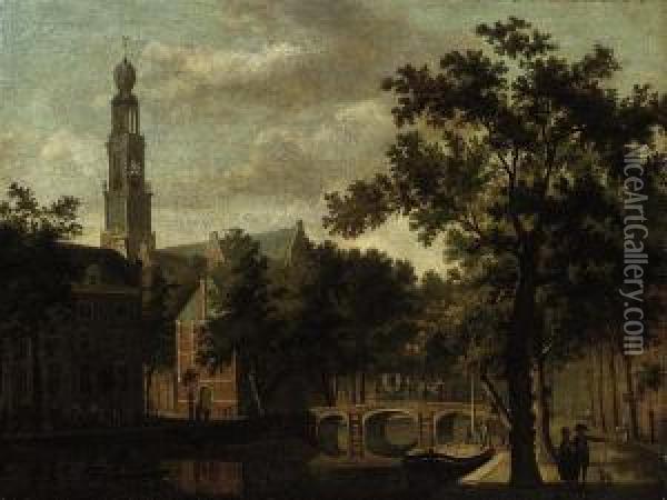 A Dutch Canal Landscape With A Carriage Crossing A Bridge Oil Painting - Isaak Ouwater