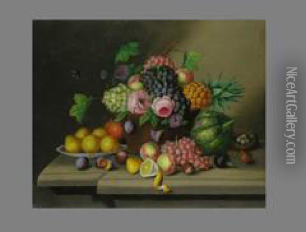 Fruchtestilleben In Korb Auf Steinplatte Oil Painting - Georg Seitz