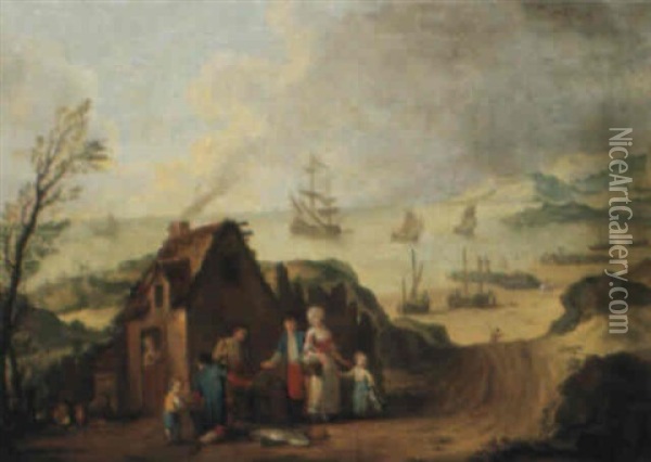 Fishermen Selling Their Wares Outside A House By The Seashore Oil Painting - Jan Anton Garemyn