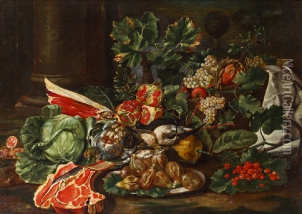 Stillleben Mit Obst, Vogeln Und Fleisch Oil Painting - Giuseppe Ruoppolo