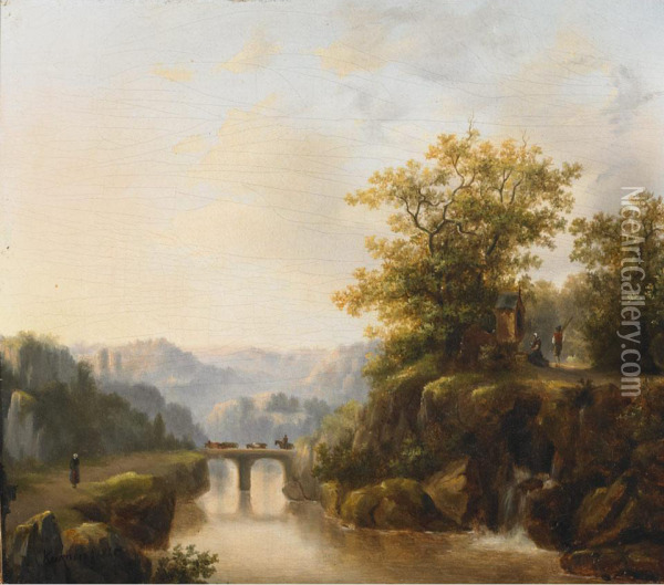 Figures At A Bridge Over A River Landscape Oil Painting - Pieter Lodewijk Kuhnen