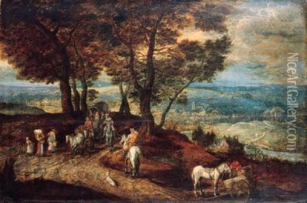 Travellers With Horses And Wagons On A Country Road In Amountainous Landscape Oil Painting - Jan The Elder Brueghel