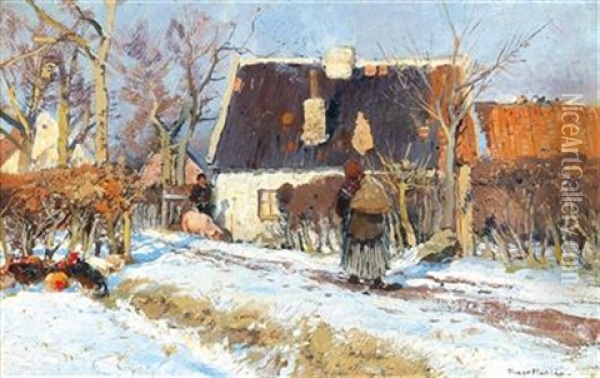 Winter In The Country With Chickens Oil Painting - Hugo Muehlig