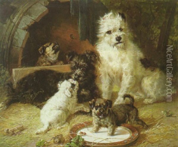 Zwei Hunde Mit Drei Welpen Im Stroh Am Futternapf Oil Painting - Klara von Wille