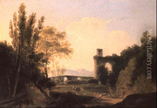 Italianate Landscape With The Aquaduct Of Claudius At Tivoli Oil Painting - Anton Sminck Pitloo