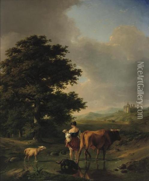 A Woman And Her Cattle In An Extensive Summer Landscape Oil Painting - Eugene Joseph Verboeckhoven