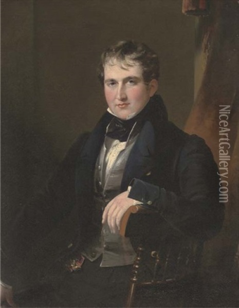 Portrait Of Sir James Worseley Taylor, Seated Three-quarter-length, In A Dark Blue Coat And Waistcoat Oil Painting - James Lonsdale