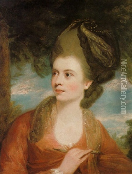 Portrait Of Angelica Kauffman Wearing A Red Dress, And A Dark Blue Headdress Holding A Pencil, With A Landscape Beyond Oil Painting - Daniel Gardner