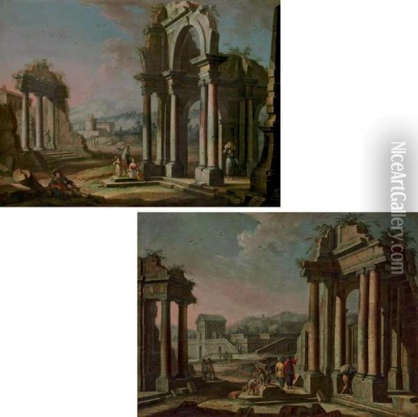 An Architectural Capriccio With Classical Ruins Oil Painting - Giuseppe Zocchi