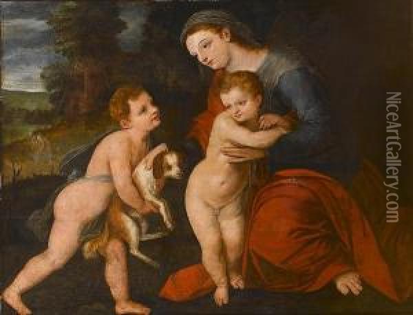 The Madonna And Child With An 
Infant Offering A Dog, Saint Joseph Before A House In A Landscape Beyond Oil Painting - Frans I Vriendt (Frans Floris)