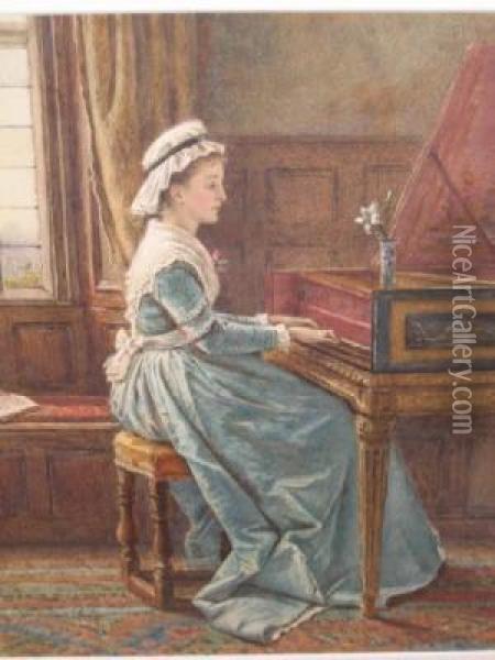 Interior With Young Woman Playing A Harpsichord Oil Painting - George Goodwin Kilburne