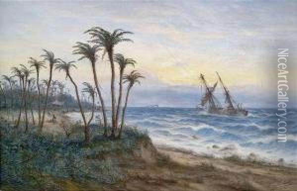 African Coastal Landscape With A Two-master Oil Painting - Max Schroder-Greifswald