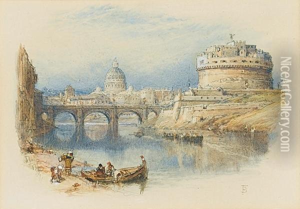The Tiber With St Peters, Rome Oil Painting - Myles Birket Foster