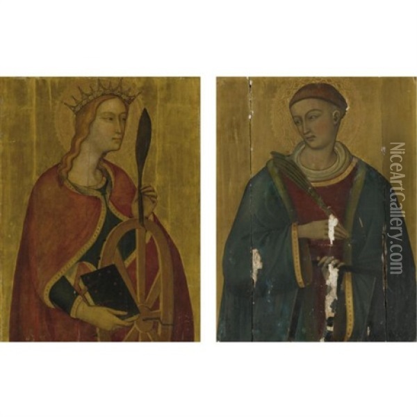 St. Catherine Of Alexandria (+ St. Lawrence; Pair) Oil Painting - Luca Di Tomme