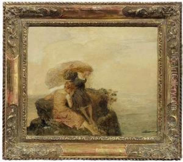 Two Womenon A Bank At Seashore Oil Painting - Ludwig Von Zumbusch