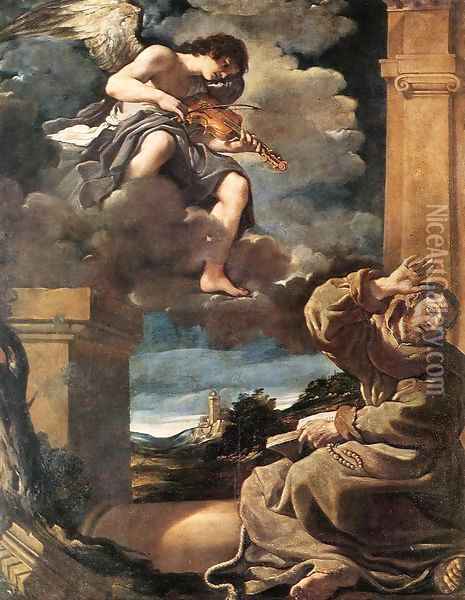 St Francis with an Angel Playing Violin Oil Painting - Guercino