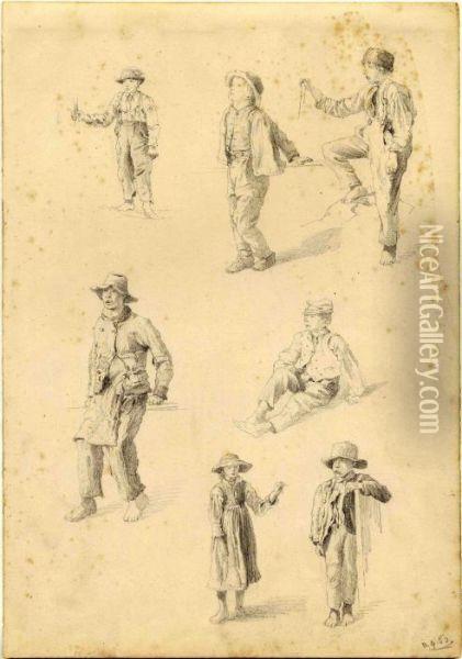 Page Of Sketches With Seven Depictions Of Children Oil Painting - John George Brown