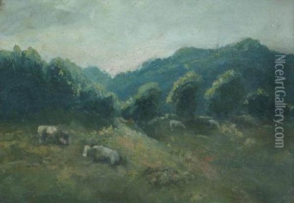 Cattle Grazing Oil Painting - Alexandru Hentia