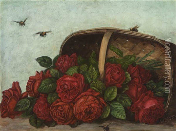 A Basket Of Tumbling Red Roses With Four Bumblebees Oil Painting - Paul De Longpre