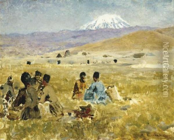 Persians Lunching On The Grass, Mt. Ararat In The Distance Oil Painting - Edwin Lord Weeks