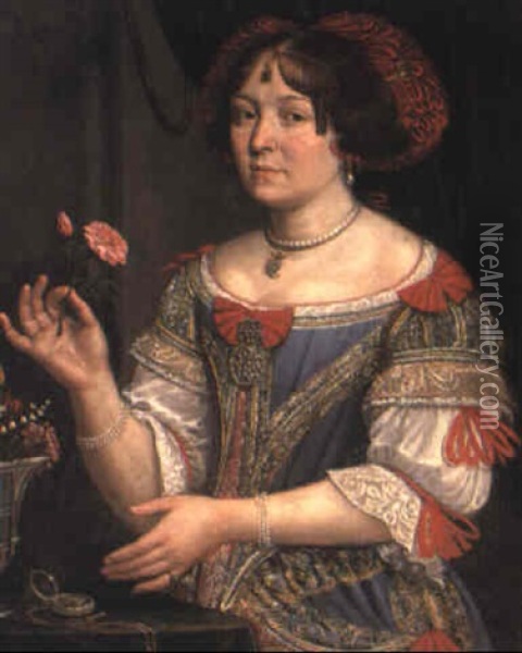 Portrait Of A Lady In A Blue And Red Dress Oil Painting - Pier Francesco Cittadini
