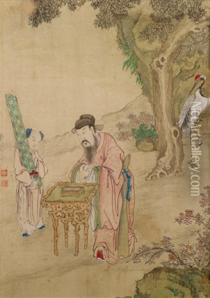 Lin Hejing Attended By A Boy And A Crane Oil Painting -  Jiao Bingzhen