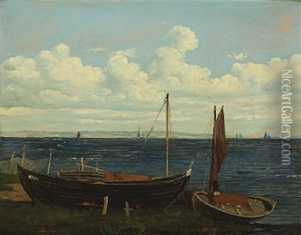 Scenery With Fishing Boats On The Beach Oil Painting - Anton Edvard Kjeldrup