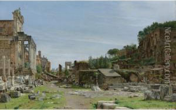 The Roman Forum: A View From The
 Via Sacra Looking East Towards The Arch Of Titus, The Temple Of 
Antoninus And Fausta To The Left, And The Palatine Rising To The Right. Oil Painting - Josef Theodor Hansen