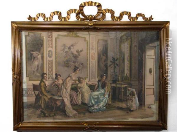Herrschaftliches Interieur Mit 
Eleganter Frohlicher Gesellschaft, Im Empirestil Gekleidet. Oil Painting - Vittorio Reggianini