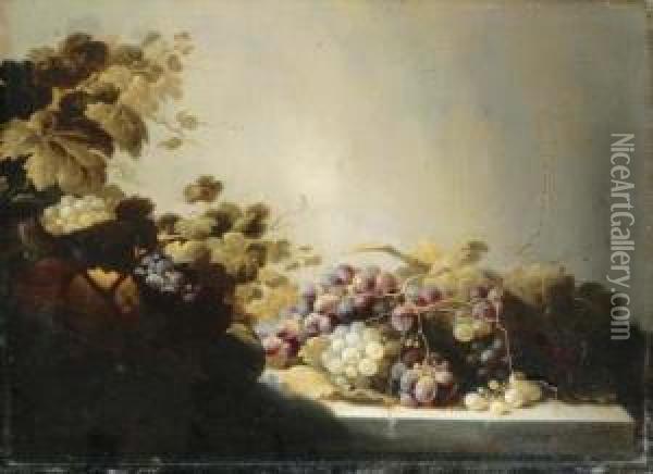 Grapes On A Stone Ledge With Citrus Fruits In A Basket Oil Painting - Roloef Koets
