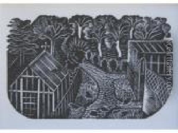 Plates From The St. Bride Notebook: Church; Cockerel; Garden Path;winter Trees; Faggots Oil Painting - Eric Ravilious