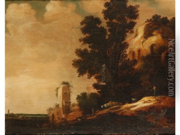 A Wooded Landscape With Herdsman, Cows And Goats Beside Overgrown Ruins In The Foreground, A Village With A Church Beyond Oil Painting - Dirk Dalens the Elder