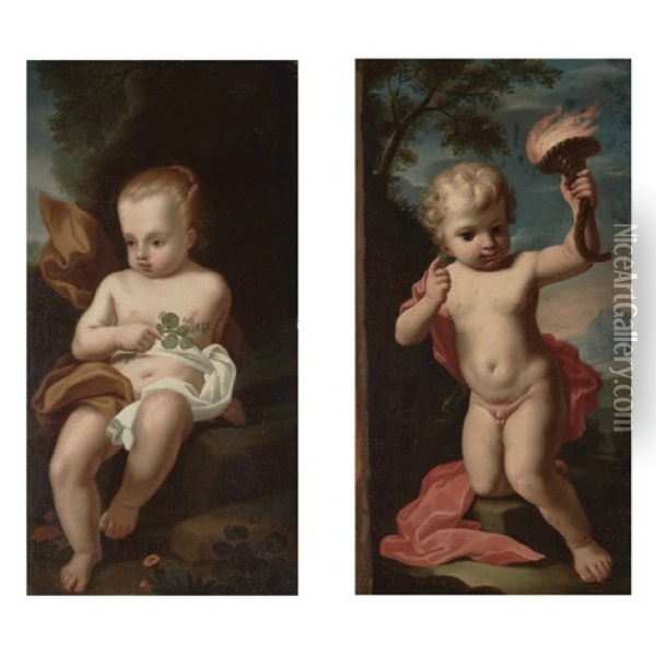 Allegorical Figures Of Earth And Fire: Two Oil Painting - Antonio Mercurio Amorosi