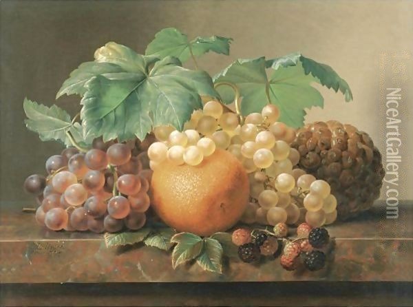 Still Life Of Grapes, Blackberries, An Orange And A Pineapple Oil Painting - Johan Laurentz Jensen