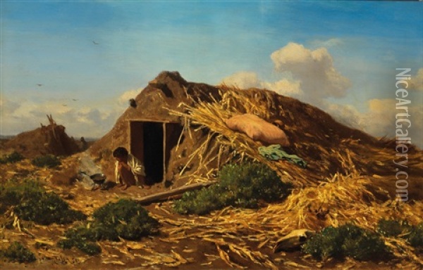 Gypsy Boy By A Hut Oil Painting - August Xaver Carl von Pettenkofen