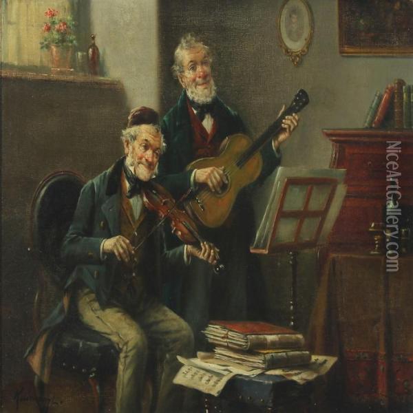 Interior With Music Making Gentlemen Oil Painting - Lajos Kolozsvary