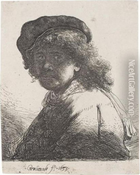 Self Portrait In A Cap And Scarf With The Face Dark: Bust (b., Holl.17; H.108; Bb.33-g) Oil Painting - Rembrandt Van Rijn