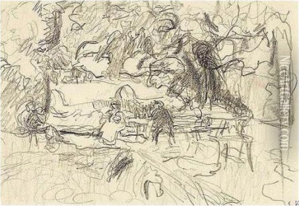 Edouard , -, Etude Pour 'les 
Decorations Pour Bois-lurette: A La Divette, Le Bord De La Riviere'' 
Stamped With The Initials , Pencil On Paper, 11.5 By 16.5 Cm., 4 1/2 By 6
 1/2 In Oil Painting - Jean-Edouard Vuillard
