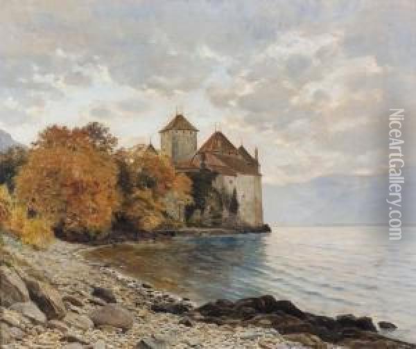 Chateau Chillon Am Genfersee. Oil Painting - Gustave Paul, Pere Robinet